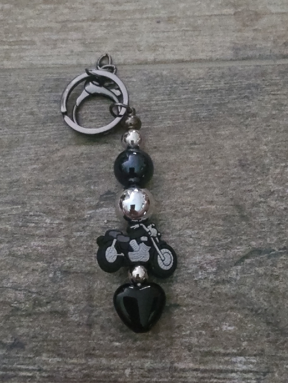 Extra Long Black Motorcycle Heart Bead Keychain NWT